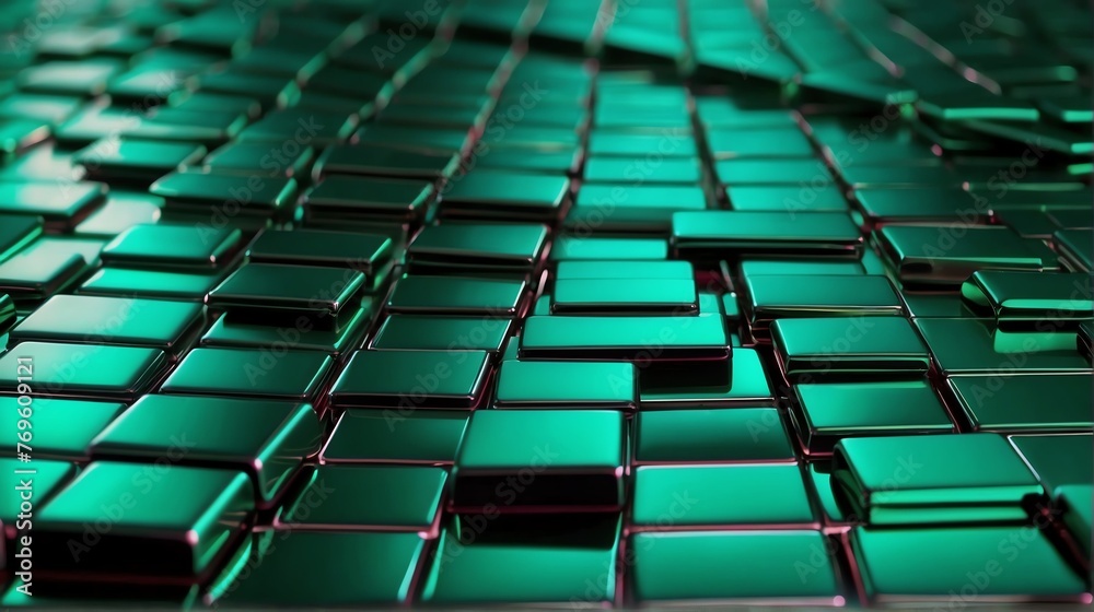 Fototapeta premium Futuristic green shiny metallic square rectangular geometric sheets pattern background abstract minimalist modern technology from Generative AI