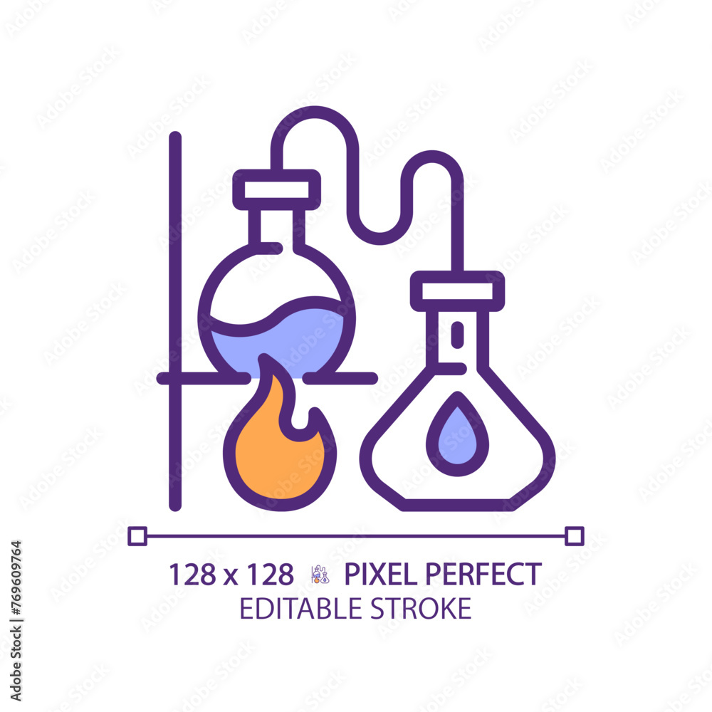 Distillation RGB color icon. Chemistry lab. Boiling flask. Chemical experiment. Separation process. Isolated vector illustration. Simple filled line drawing. Editable stroke. Pixel perfect Distillation RGB color icon. Chemistry lab. Boiling flask. Chemical experiment. Separation process. Isolated vector illustration. Simple filled line drawing. Editable stroke. Pixel perfect