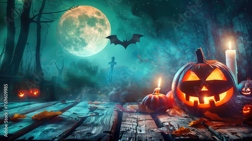 halloween pumpkin head jack lantern with burning candles spooky forest with a full moon and wooden table pumpkins in graveyard in the spooky night halloween backdrop ai generative