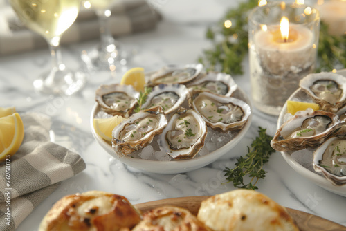 Fresh oysters on ice with lemon.