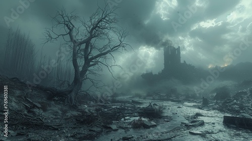 Wasteland landscape pattern, with silhouettes of dead trees, scattered debris, and distant ruins under a bleak sky, desolation of post-apocalyptic world created with Generative AI Technology