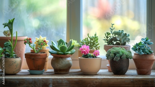 Potted plants on a rustic wooden table  interior decoration.