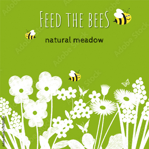Obraz na płótnie Feed the bees and be eco. Vector graphic, bees, flowers meadow, text space on green background. Web banner, advertisement w salonie