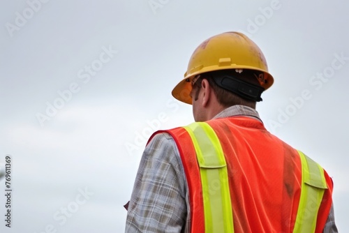 Construction worker in safety gear, with a hard hat and reflective vest on white background