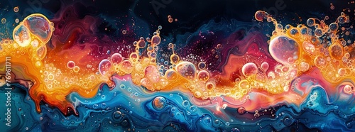 Vivid Acrylic Pour Art with Fluid Abstract Patterns and Bubbles , Wallpaper , Digital art