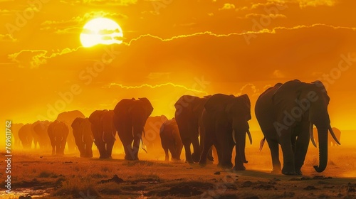 Elephant Herd Walking in Golden Sunset