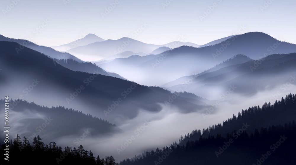 The mountains are covered in trees and the sky is cloudy The mountains are covered in trees and the sky is cloudy