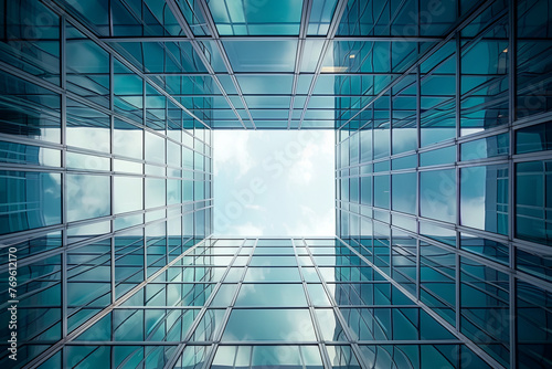 A modern office building view from below