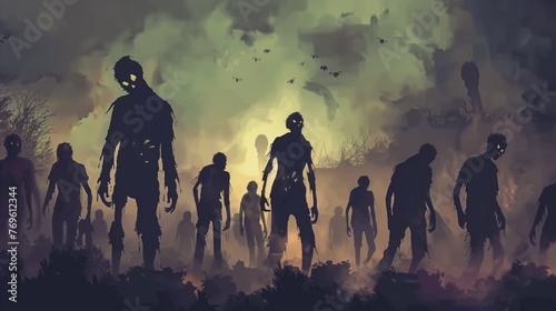 Apocalyptic Zombie Horde Illustration: Creepy Undead with Glowing Eyes