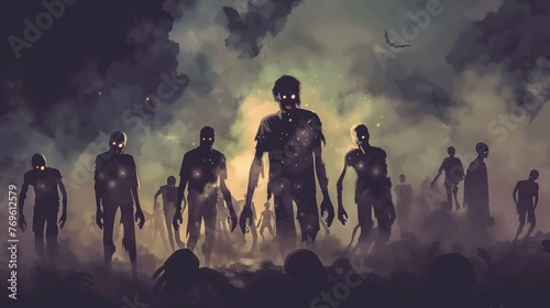 Apocalyptic Zombie Horde Illustration: Creepy Undead with Glowing Eyes © W&S Stock