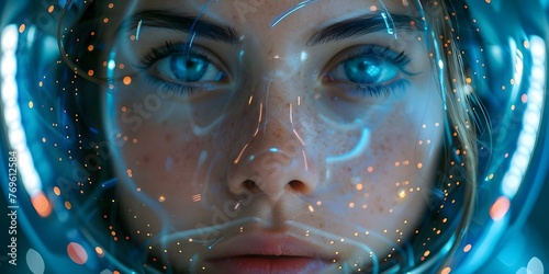 Closeup of a female humanoid android with advanced AI system showcasing future robot innovations in blue tones. Concept Robot Innovations, Advanced Technology, Closeup Portraits, Future AI © Ян Заболотний