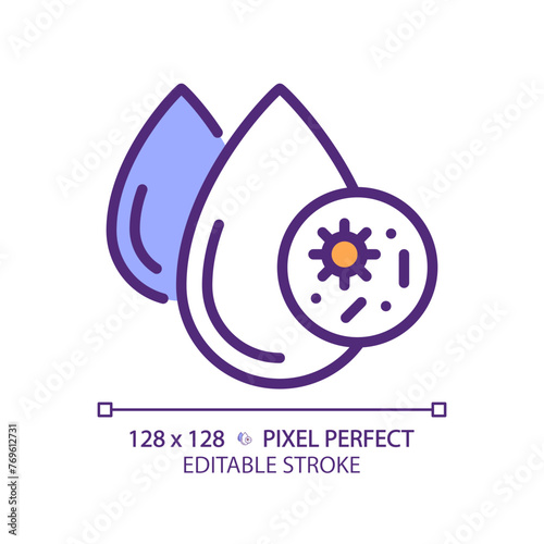 Dirty water RGB color icon. Waterborne pathogens. Infection risk. Water contamination. Droplets and germs. Isolated vector illustration. Simple filled line drawing. Editable stroke. Pixel perfect
