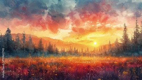 Watercolor Reflection of Mountain Range in Twilight Scenery , Wallpaper , Digital art © MrJacki