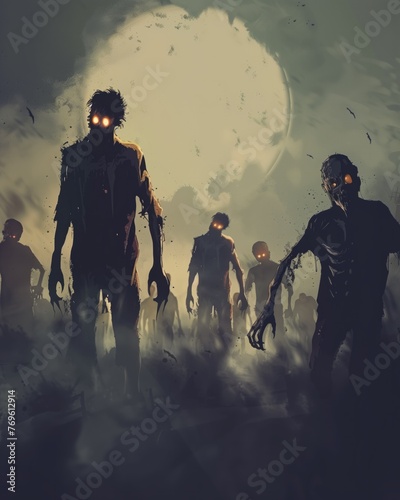 Apocalyptic Zombie Horde Illustration: Creepy Undead with Glowing Eyes