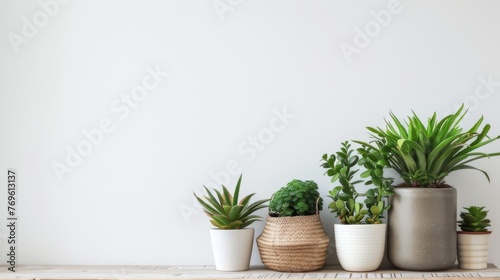 flower pots with different house plants on a white background, interior landscaping concept, copy space