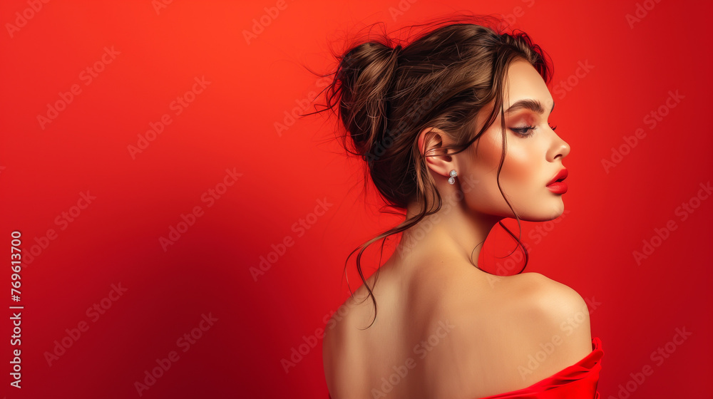 Beautiful woman in red dress on red background, luxury fashion style photography Beautiful woman in red dress on red background, luxury fashion style photography