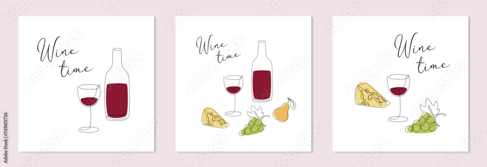 Set of wine cards. Bottle, grapes, cheese, wineglass continuous line illustration. Design for restaurant menu, winery, bar.