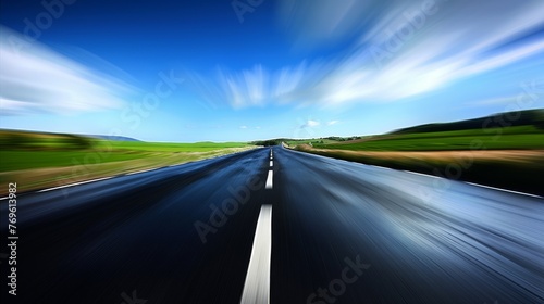 A blurry shot of a road with a blue sky in the background © jiawei