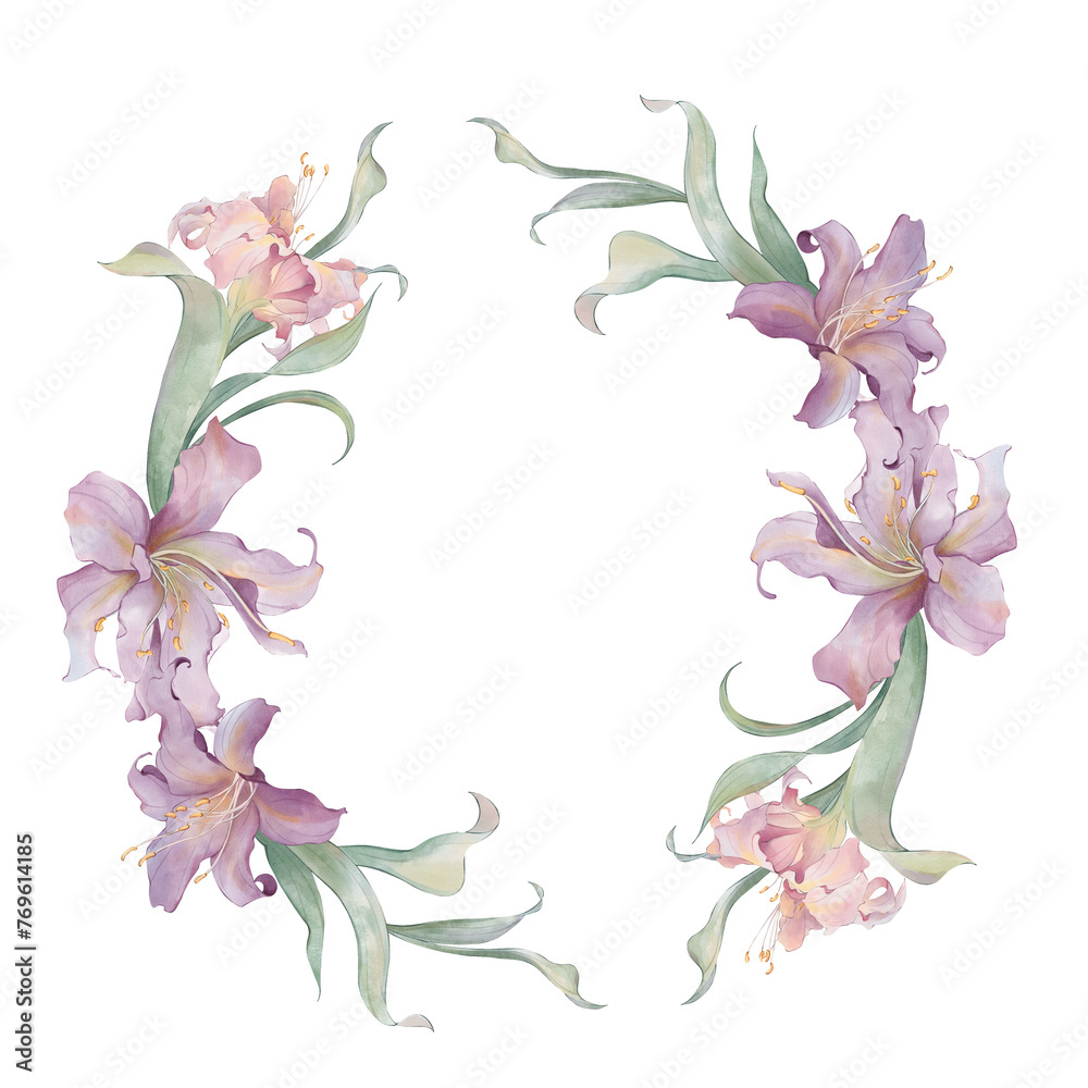 Watercolor floral wreath with lilies