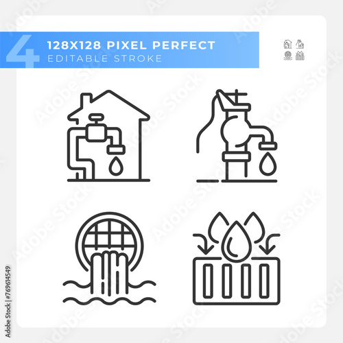 Water infrastructure linear icons set. Manual well pump. Home water system. Storm drain. Customizable thin line symbols. Isolated vector outline illustrations. Editable stroke. Pixel perfect