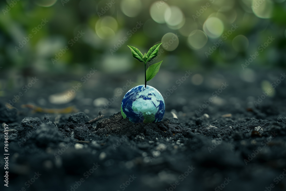 Green plant sprouting from small planet Earth globe buried in soil. Earth Day wallpaper Green plant sprouting from small planet Earth globe buried in soil. Earth Day wallpaper