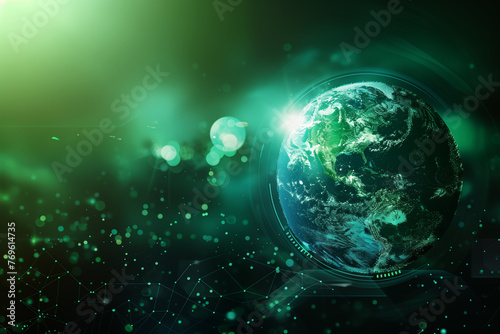 Digital graphic of Earth planet with glowing network lines and floating particles on dark green background with copy space