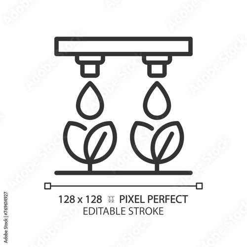 Drip irrigation linear icon. Water management. Precision agriculture. Water conservation. Thin line illustration. Contour symbol. Vector outline drawing. Editable stroke. Pixel perfect