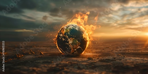 Photo of a burning globe representing global warming climate change and environmental crisis. Concept Environmental Crisis, Global Warming, Climate Change, Burning Globe, Crisis Awareness