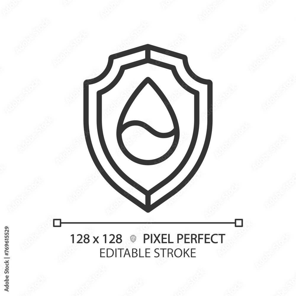 Water security linear icon. Access to drinking water. Social issue. Water droplet and shield. Thin line illustration. Contour symbol. Vector outline drawing. Editable stroke. Pixel perfect Water security linear icon. Access to drinking water. Social issue. Water droplet and shield. Thin line illustration. Contour symbol. Vector outline drawing. Editable stroke. Pixel perfect