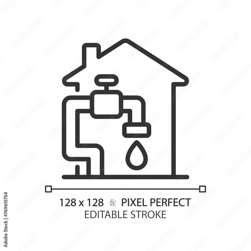 Water supply linear icon. Potable water at home. Residential infrastructure. Clean water access. Thin line illustration. Contour symbol. Vector outline drawing. Editable stroke. Pixel perfect Water supply linear icon. Potable water at home. Residential infrastructure. Clean water access. Thin line illustration. Contour symbol. Vector outline drawing. Editable stroke. Pixel perfect