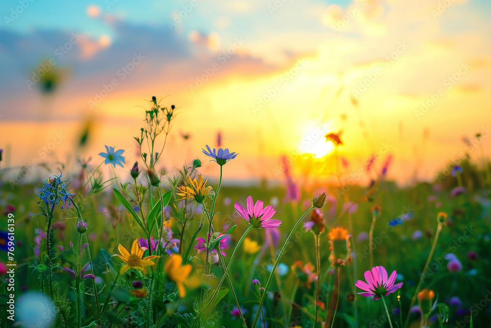 A field of flowers with a bright sun in the background