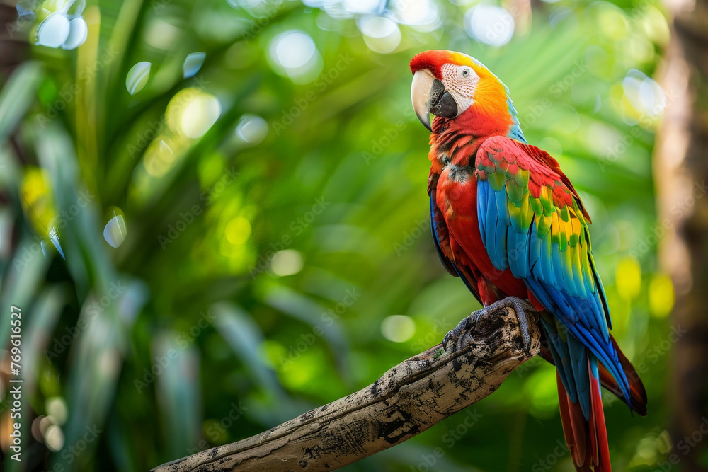 A colorful parrot is perched on a branch in a lush green forest