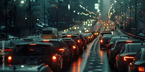 A line of cars on a crowded road people fleeing a city illustrating mass evacuation during a crisis. Concept Crisis evacuation, City exodus, Traffic congestion, Emergency response, Urban chaos © Anastasiia