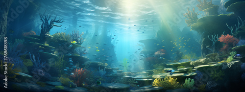 Mystical Underwater Landscape with Sunlight Streaming Through Water