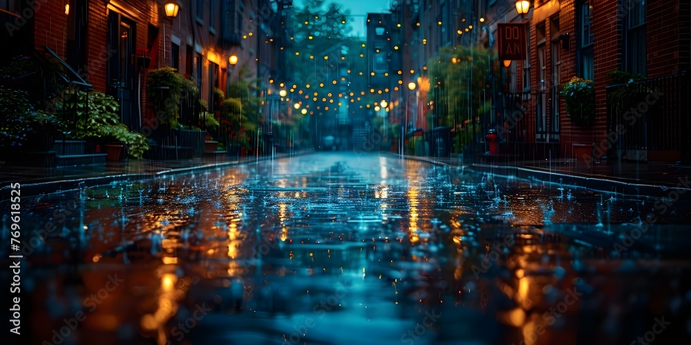 Urban Alley at Night: Illuminated Street, Wet Pavement, and Weathered Architecture in Downtown Area. Concept Night Photography, Urban Exploration, City Lights, Architectural Details, Street Scenes - obrazy, fototapety, plakaty 