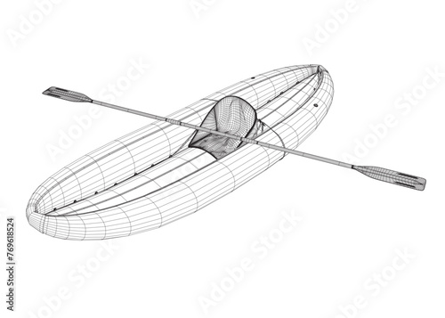 Wireframe of Inflatable Boat With Peddle. Cartoon Simple Style Isolated Vector Illustration On White Background. Rubber inflatable boat transportation vector. © German Ovchinnikov