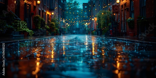 Urban Alley at Night: Illuminated Street, Wet Pavement, and Weathered Architecture in Downtown Area. Concept Night Photography, Urban Exploration, City Lights, Architectural Details, Street Scenes