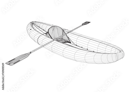 Wireframe of Inflatable Boat With Peddle. Cartoon Simple Style Isolated Vector Illustration On White Background. Rubber inflatable boat transportation vector. 3D.