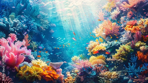 Capture the beauty of a vibrant underwater realm, portraying a colorful array of coral reefs in a mesmerizing watercolor style. © growth.ai