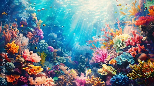 Capture the beauty of a vibrant underwater realm, portraying a colorful array of coral reefs in a mesmerizing watercolor style.
