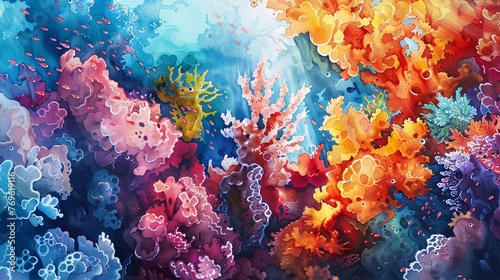 Capture the beauty of a vibrant underwater realm  portraying a colorful array of coral reefs in a mesmerizing watercolor style.