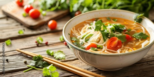 A bowl filled with Asian noodle soup resting on a wooden table, accompanied by a pair of chopsticks