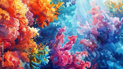 Capture the beauty of a vibrant underwater realm, portraying a colorful array of coral reefs in a mesmerizing watercolor style.