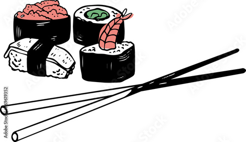 Various sushi asian food hand drawn vector set with plate chopsticks isolated on white 