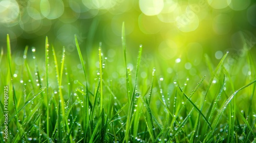 Close-up view of vibrant green grass blades covered in glistening water droplets, reflecting light