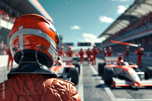 A formula competitor on the starting line in a helmet and overalls against the background of cars on the starting field. A driver preparing to start a race on the track
 photo