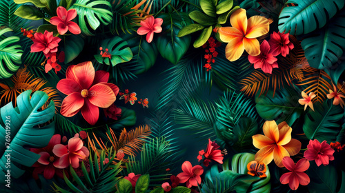 Beautiful tropical floral background with green palm leaves and yellow red frangipani flowers Poster design