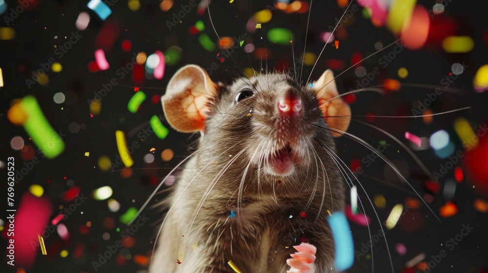 A rat with its mouth open in a joyful expression, surrounded by colorful confetti A rat with its mouth open in a joyful expression, surrounded by colorful confetti