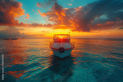 A luxury yacht sails on a calm sea under a picturesque sunset.