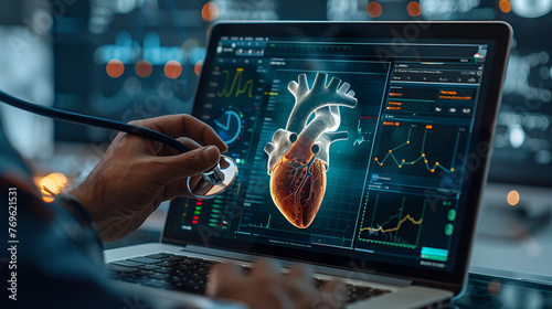 Doctor With Laptop Diagnose checking Heart scan, Generative Ai photo